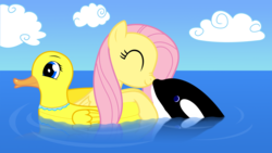 Size: 1920x1080 | Tagged: safe, artist:galekz, fluttershy, orca, pegasus, pony, whale, g4, boop, cute, eyes closed, female, floating, floaty, inflatable bird, inflatable duck, inner tube, mare, nose wrinkle, noseboop, ocean, pool toy, shyabetes, smiling, swimming, wallpaper, water
