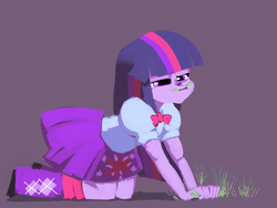 Size: 1024x768 | Tagged: safe, artist:karzahnii, twilight sparkle, alicorn, equestria girls, g4, all fours, eating, female, grass, grazing, humans doing horse things, pica, solo, twilight sparkle (alicorn)