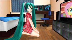 Size: 1920x1080 | Tagged: safe, artist:birko91, fluttershy, g4, crossover, hatsune miku, mmd, television, vocaloid, wallpaper