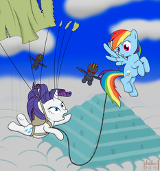 Size: 1201x1288 | Tagged: safe, alternate version, artist:phallen1, rainbow dash, rarity, g4, falling, parachute, pyramid