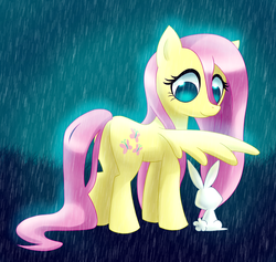 Size: 1200x1138 | Tagged: dead source, safe, artist:gatodelfuturo, angel bunny, fluttershy, pegasus, pony, g4, duo, rain, wet mane, wing shelter, wings