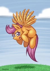 Size: 600x848 | Tagged: safe, artist:romanrazor, scootaloo, g4, female, floating, flying, scootaloo can fly, solo
