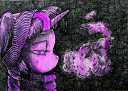 Size: 1898x1358 | Tagged: safe, artist:smellslikebeer, twilight sparkle, g4, beanie, bust, clothes, crosshatch, dark, female, hat, ink, lidded eyes, looking down, monochrome, neo noir, partial color, portrait, profile, scarf, solo, traditional art