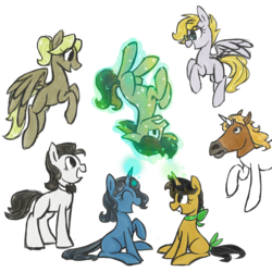 Size: 1000x1000 | Tagged: safe, artist:radioactive-k, oc, oc only, earth pony, pegasus, pony, unicorn, askshramper, bowtie, braymounth, demibank, glasses, hoers mask, horse head, magic, rule 63