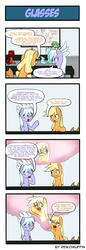 Size: 660x1914 | Tagged: safe, artist:reikomuffin, applejack, cloudchaser, earth pony, pegasus, pony, g4, cinema, comic, glasses, miopi, nearsighted, thought bubble