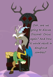 Size: 450x650 | Tagged: safe, discord, draconequus, zombie, g4, cropped, crossed legs, discord's throne, discorded landscape, donut, dungeons and dragons, insane pony thread, male, narrowed eyes, orcus, purple sky, sitting, solo, throne, tumblr