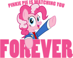 Size: 6000x4791 | Tagged: safe, artist:brisineo, pinkie pie, earth pony, pony, fallout equestria, g4, absurd resolution, fanfic, fanfic art, female, forever, hooves, looking at you, mare, ministry mares, ministry of morale, open mouth, pinkie pie is watching you, poster, propaganda, simple background, smiling, solo, text, transparent background