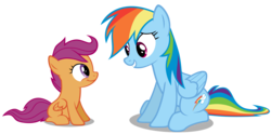 Size: 8400x4150 | Tagged: safe, artist:mrlolcats17, rainbow dash, scootaloo, pegasus, pony, g4, sleepless in ponyville, absurd resolution, blank flank, female, filly, foal, folded wings, happy, mare, scootalove, side view, simple background, sitting, smiling, transparent background, vector, wings