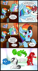 Size: 1249x2300 | Tagged: safe, artist:madmax, firefly, princess celestia, rainbow blaze, rainbow dash, oc, oc:fausticorn, alicorn, pegasus, pony, g1, g4, bondage, boop, bound wings, clone, clothes, comic, court, courtroom, crying, eye scar, eyepatch, facehoof, facial scar, fake scar, female, firefly as rainbow dash's mom, g1 to g4, generation leap, hilarious in hindsight, inside out, lauren faust, mare, multeity, nose to nose, nose wrinkle, noseboop, parent, pirate, ponified, prism, prison outfit, prison stripes, pun, rainbow-less dash, scar, science, ship:fireblaze, shirt, striped shirt, toothpick, wing cuffs