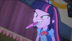 Size: 1425x817 | Tagged: safe, screencap, twilight sparkle, equestria girls, g4, my little pony equestria girls, female, mouth drawing, mouth hold, pen, solo