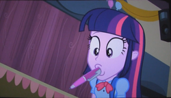 Size: 1431x821 | Tagged: safe, screencap, twilight sparkle, equestria girls, g4, my little pony equestria girls, female, mouth drawing, mouth hold, pen, solo