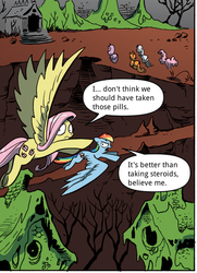 Size: 485x669 | Tagged: safe, edit, idw, applejack, fluttershy, pinkie pie, rainbow dash, rarity, twilight sparkle, friendship is magic #4, g4, my little pony: friendship is magic (idw), the return of queen chrysalis, spoiler:comic, duo focus, house, wings