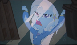 Size: 1411x825 | Tagged: safe, screencap, trixie, equestria girls, g4, my little pony equestria girls, against glass, angry, female, food, solo, the great and powerful trixie needs some peanut butter crackers, vending machine