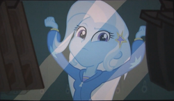 Size: 1423x825 | Tagged: safe, screencap, trixie, equestria girls, g4, my little pony equestria girls, female, fourth wall, solo, the great and powerful trixie needs some peanut butter crackers, vending machine