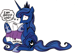 Size: 428x312 | Tagged: safe, artist:andy price, idw, official comic, princess luna, alicorn, pony, g4, the return of queen chrysalis, spoiler:comic, spoiler:comic04, female, lost, map, mare, simple background, solo, white background