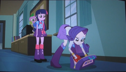 Size: 1433x821 | Tagged: safe, screencap, rarity, spike, twilight sparkle, dog, equestria girls, g4, my little pony equestria girls, bent over, clothes, eyes on the prize, female, looking at butt, out of context, photo, picture of a screen, skirt, spike the dog