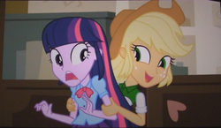 Size: 1417x823 | Tagged: safe, screencap, applejack, twilight sparkle, equestria girls, g4, my little pony equestria girls, out of context