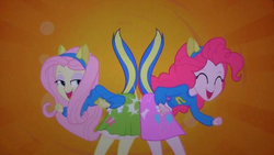 Size: 1413x798 | Tagged: safe, screencap, fluttershy, pinkie pie, equestria girls, g4, my little pony equestria girls, butt bump, butt to butt, butt touch, faic, female, helping twilight win the crown, lidded eyes, out of context, wondercolts