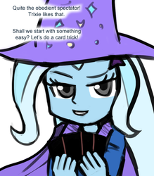 Size: 700x800 | Tagged: safe, artist:livesmutanon, trixie, comic:based anon, equestria girls, g4, /mlp/, card, colored, female, looking at you, solo, talking to viewer