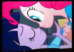 Size: 576x405 | Tagged: safe, screencap, pinkie pie, twilight sparkle, equestria girls, g4, my little pony equestria girls, female, lesbian, out of context, photo, picture of a screen, ship:twinkie, shipping
