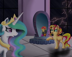 Size: 1432x1145 | Tagged: safe, artist:angelstar7, princess celestia, sunset shimmer, pony, unicorn, equestria girls, g4, crying, equestria girls ponified, lightning, magic mirror, mirror, ponified