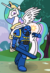 Size: 273x399 | Tagged: safe, artist:tomgrakk, princess celestia, alicorn, human, pony, g4, :o, armor, butt, carrying, chainsword, crossover, duo, ethereal mane, female, male, mare, plot, power armor, powered exoskeleton, space marine, spread wings, surprised, ultramarine, ultrasmurf, warhammer (game), warhammer 40k, weapon, wide eyes