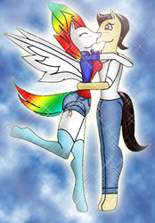 Size: 933x1338 | Tagged: safe, artist:odiz, rainbow dash, oc, anthro, g4, canon x oc, clothes, daisy dukes, female, kissing, male, socks, sonic the hedgehog, sonic the hedgehog (series), straight, super rainbow dash