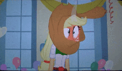 Size: 469x274 | Tagged: safe, screencap, applejack, equestria girls, g4, my little pony equestria girls, angry, animated, applejack's hat, cowboy hat, female, hat, rage, red face, solo