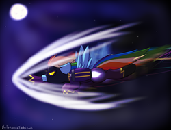 Size: 2773x2105 | Tagged: safe, artist:vivofortissimo, rainbow dash, pegasus, pony, g4, clothes, costume, flying, shadowbolt dash, shadowbolts, shadowbolts costume, solo, sound barrier