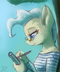 Size: 600x718 | Tagged: dead source, safe, artist:grissaecrim, mayor mare, earth pony, anthro, g4, clothes, female, glasses, solo, sweater, tree, writing