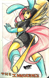 Size: 516x825 | Tagged: safe, artist:lionalliance, fluttershy, pegasus, anthro, g4, action pose, bunny ears, clothes, dangerous mission outfit, female, gloves, goggles, hoodie, looking back, open mouth, solo, staff
