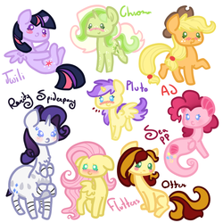 Size: 900x900 | Tagged: safe, artist:otterlore, alula, applejack, fluttershy, pinkie pie, pluto, rarity, twilight sparkle, oc, drider, monster pony, original species, spider, spiderpony, g4, blushing, cute, species swap, twilight sparkle (alicorn)