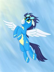 Size: 1024x1365 | Tagged: safe, artist:werdkcub, soarin', pegasus, pony, g4, flying, goggles, looking up, male, sky, solo, stallion, wonderbolts uniform