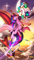 Size: 731x1280 | Tagged: safe, artist:dansyron, princess celestia, spike, twilight sparkle, alicorn, pony, g4, female, hot air balloon, mare, twilight sparkle (alicorn)