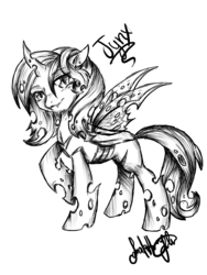 Size: 1536x2048 | Tagged: safe, artist:jadedjynx, oc, oc only, oc:jynx, changeling, monochrome, solo