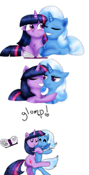 Size: 1064x2081 | Tagged: safe, artist:b1uem00n, trixie, twilight sparkle, g4, blushing, book, female, hug, lesbian, ship:twixie, shipping, snuggling