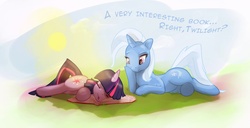 Size: 1280x655 | Tagged: safe, artist:mechagen, trixie, twilight sparkle, alicorn, pony, unicorn, g4, book, day, female, lying down, mare, sleeping, sun, twilight sparkle (alicorn)