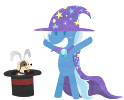 Size: 787x640 | Tagged: safe, artist:elslowmo, trixie, dog, g4, blushing, bunny ears, grin, hat, trixie's cape, trixie's hat