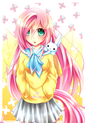 Size: 1100x1577 | Tagged: safe, artist:fenrixion, angel bunny, fluttershy, human, g4, clothes, female, humanized, pixiv, sailor uniform, school uniform, solo, tailed humanization, winged humanization