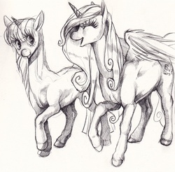 Size: 2436x2400 | Tagged: safe, artist:aspendragon, princess cadance, twilight sparkle, g4, monochrome, traditional art