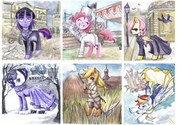 Size: 2512x1772 | Tagged: safe, artist:paulina-ap, applejack, fluttershy, pinkie pie, rainbow dash, rarity, twilight sparkle, g4, anna karenina, clothes, crime and punishment, crossover, mane six, russia, russian, russian empire, russian literature, shout out, snow, snowfall, traditional art