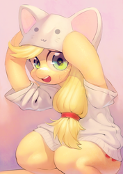 Size: 2480x3508 | Tagged: safe, artist:aruurara, applejack, cat, earth pony, pony, g4, applecat, cat hoodie, cat's pajamas, clothes, costume, female, hoodie, mare, open mouth, pajamas, solo, sweat, sweatdrops, wingding eyes