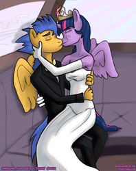 Size: 1857x2346 | Tagged: safe, artist:reashi, flash sentry, twilight sparkle, anthro, equestria girls, g4, my little pony equestria girls, clothes, dress, duo, eyes closed, female, kissing, male, ship:flashlight, straight, suit, wedding dress