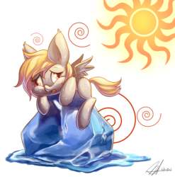 Size: 3528x3565 | Tagged: dead source, safe, artist:jggjqm522, derpy hooves, pegasus, pony, g4, chibi, female, hot, ice, mare, solo, sun, sweat