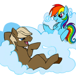 Size: 680x700 | Tagged: safe, artist:dbkit, dumbbell, rainbow dash, pegasus, pony, g4, cloud, dumbdash, duo, female, male, on a cloud, shipping, simple background, straight, transparent background