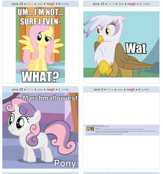 Size: 537x573 | Tagged: safe, fluttershy, gilda, sweetie belle, griffon, g4, exploitable meme, juxtaposition, juxtaposition win, marshmallow, meme, sweetie belle is a marshmallow too, wat