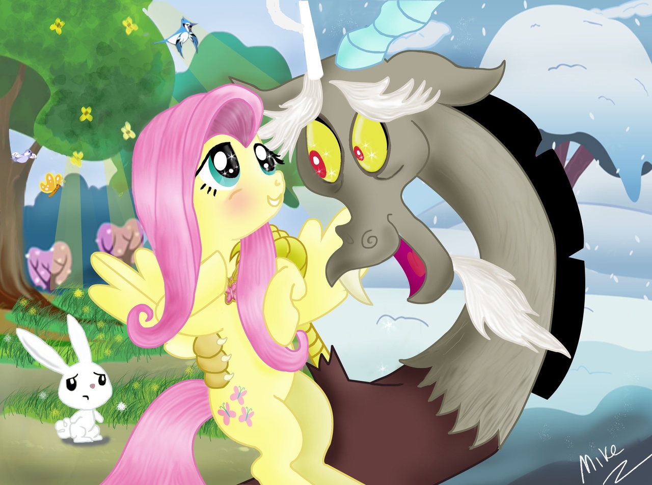 safe, artist:mikestarbrony, <b>discord</b>, <b>fluttershy</b>, draconequus, pegasus, pony...