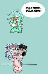 Size: 2960x4496 | Tagged: safe, artist:deoix, lyra heartstrings, oc, sea pony, g4, spanish, translated in the comments, trio