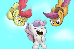 Size: 1500x1000 | Tagged: safe, artist:deoix, apple bloom, scootaloo, sweetie belle, g4, parachute, trio