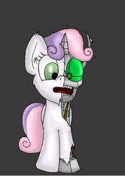 Size: 664x932 | Tagged: safe, artist:deoix, sweetie belle, pony, robot, unicorn, g4, cute, diasweetes, endoskeleton, female, filly, foal, gray background, hooves, horn, open mouth, robot gore, simple background, solo, sweetie bot, teeth